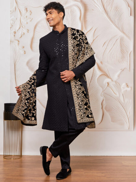 Men's Black Cotton Blend Sherwani Pant and Dupatta Set