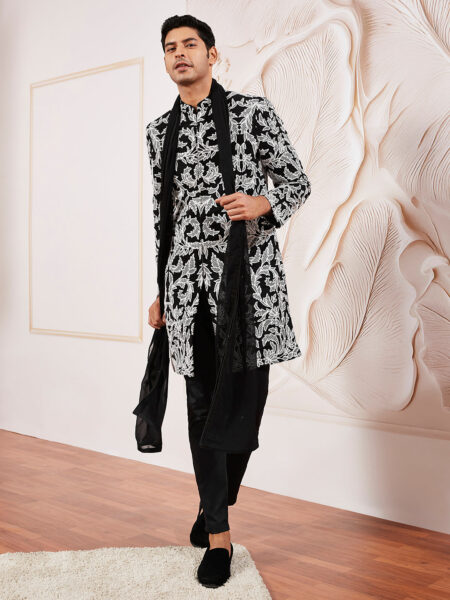 Men's Black Fox Geogette Indo Western, Kurta, Pant And Dupatta Set