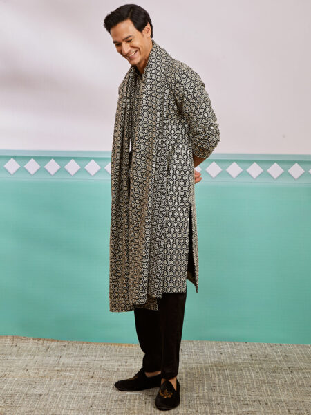 Men's Black Rayon Kurta, Pyjama And Dupatta Set.