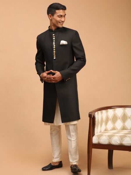 Men's Black Sherwani Top With Cream Kurta And Pant Style Pyjama Set