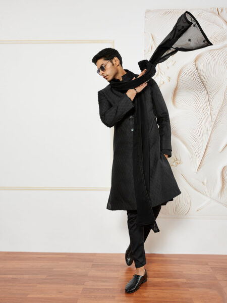 Men's Black Silk Blend Sherwani,Kurta ,Pyjama And Dupatta Set