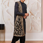 Men’s Black Viscose Kurta, Patiala And Dupatta Set.