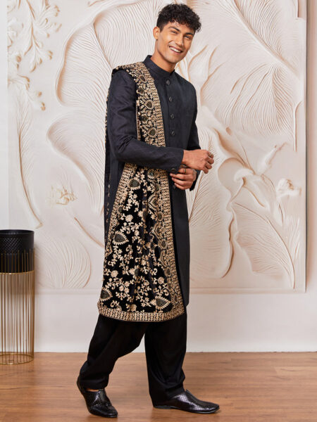 Men's Black Silk Blend Sherwani Pant and Dupatta Set