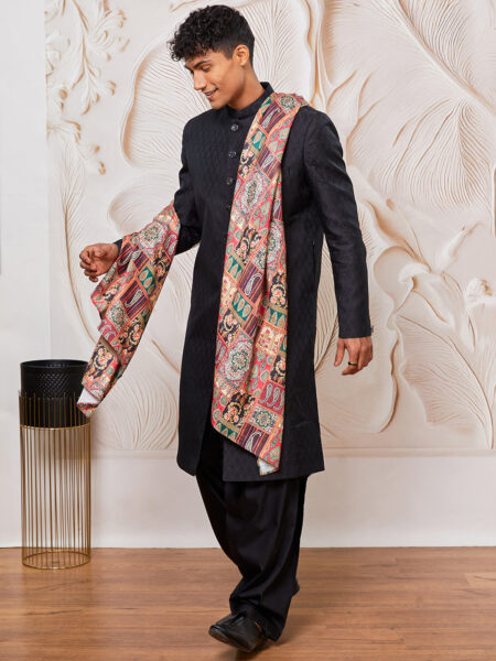 Men's Black Silk Blend Sherwani Patyala and Dupatta Set