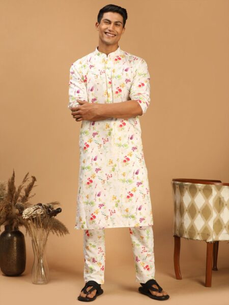 Men's Cream Printed Cotton Blend Kurta and Printed Matching Pant Set