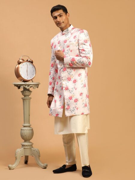 Men's Multicolor Base Peach Floral Silk Blend Indo Western Set