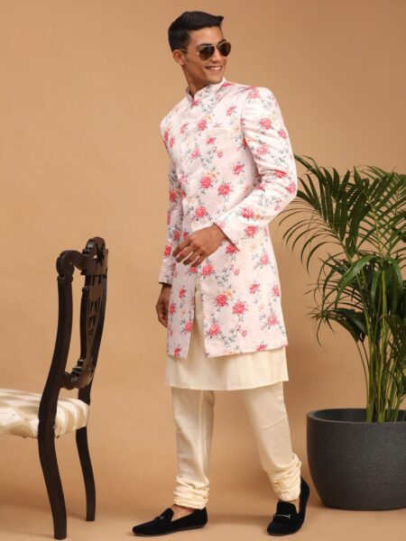 Men's Multicolor Base Peach Floral Silk Blend Indo Western Set