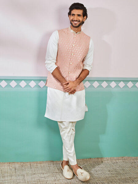 VASTRAMAY Men's Peach Fine Satin Nehru Jacket, Kurta And Pyjama Set.