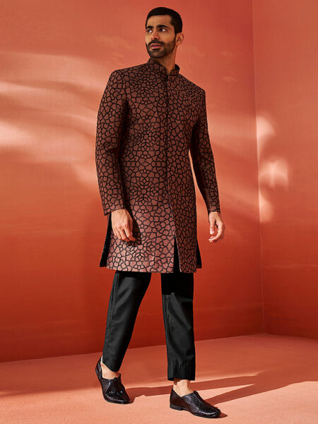 Men's Rust And Black Silk Blend Sherwani Set