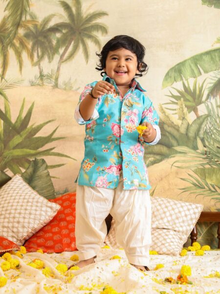 Boy's Aqua Floral Printed Kurta Patiala Set
