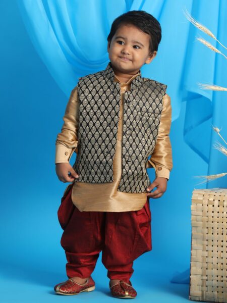 Boy's Black Woven Design Slim Fit Nehru Jacket And Rose Gold Kurta With Maroon Dhoti Set
