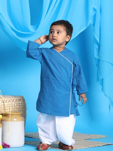 Boy's Blue Angrakha Style Krishna Kurta and White Dhoti Set