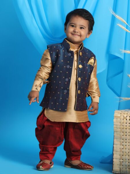 Boy's Blue Booti Woven Design Slim Fit Nehru Jacket And Rose Gold Kurta With Maroon Dhoti Set