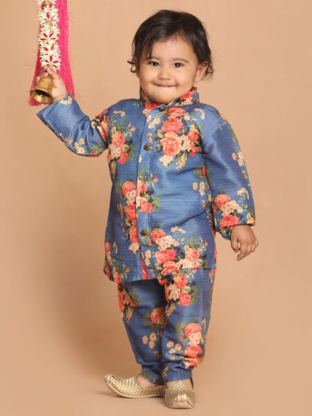 Boy's Blue Floral Printed Kurta With Pyjama Set