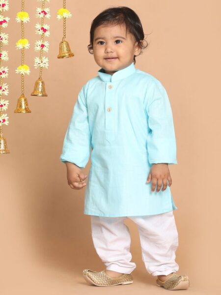 Boy's Blue Kurta With White Pyjama Set