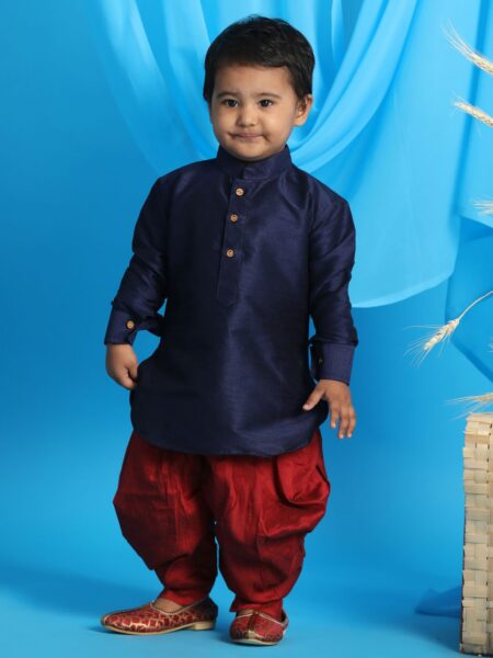 Boy's Blue & Maroon Kurta With Dhoti Pant Set