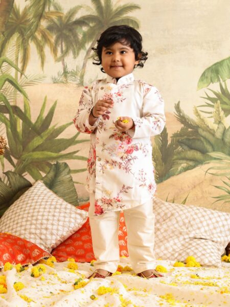 Boy's Cream Floral Printed Angrakha Kurta with Cream Solid Pyjama Set