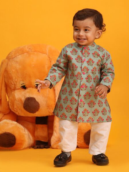 Boy's Green Floral Printed Cotton Kurta Pyjama Set