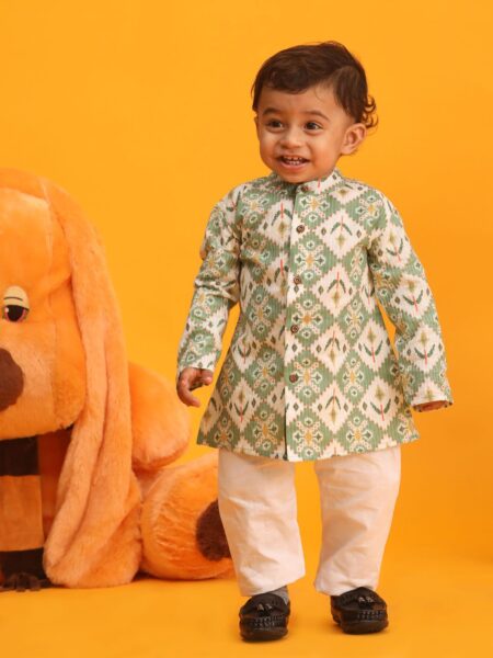 Boy's Green and White Printed Cotton Kurta Pyjama Set