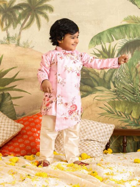 Boy's Pink Floral Printed Angrakha Kurta Pyjama Set