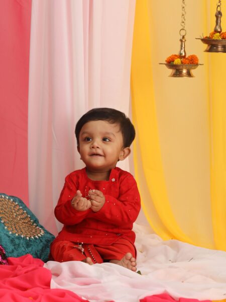 Boy's Red Embellished Angrakha Kurta Dhoti Set