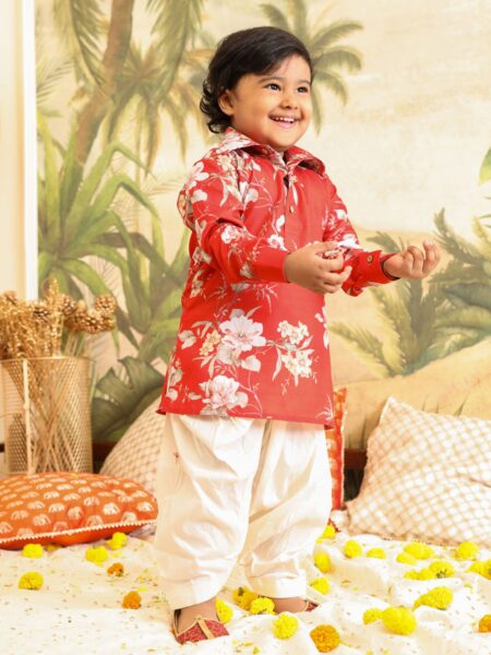 Boy's Red Floral Printed Kurta with Cream Solid Patiala Set
