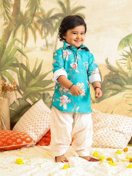 Boy's Turquoise Blue Floral Printed Kurta with Cream Solid Patiala Set