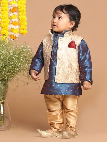 VASTRAMAY SISHU Boys Blue Printed Kurta with Pyjamas & Nehru Jacket