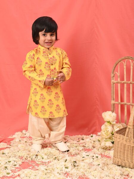 Boys' Multicolor-Base-Mustard And Cream Kurta Patiala Set
