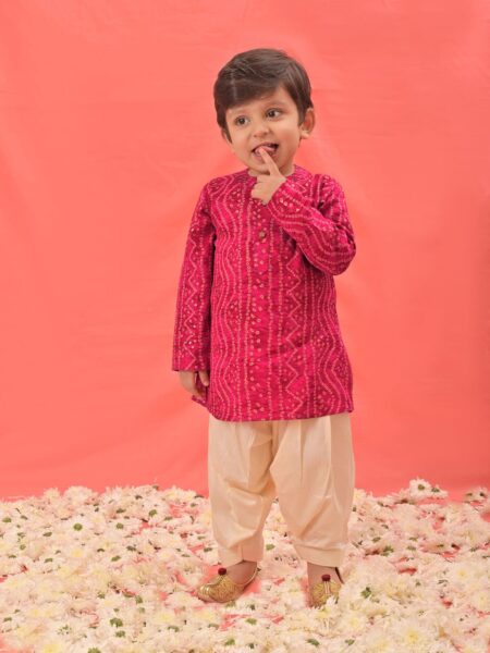 Boys' Pink Bandhni Kurta And Patiala Set
