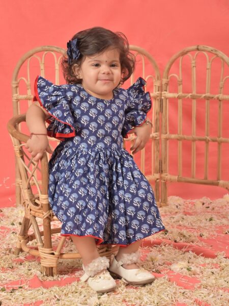 Girl's Blue Cotton Printed Dress