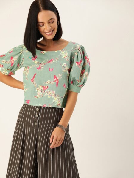 Varanga Blue & Pink Floral Puff Sleeved Crop Top