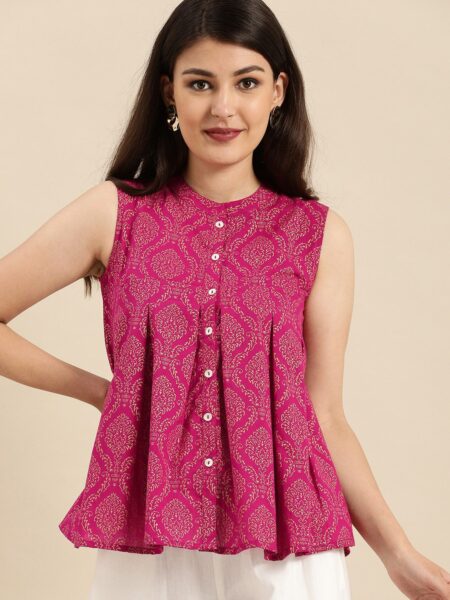Varanga Women's Magenta Pink & Gold-Toned Printed Tunic