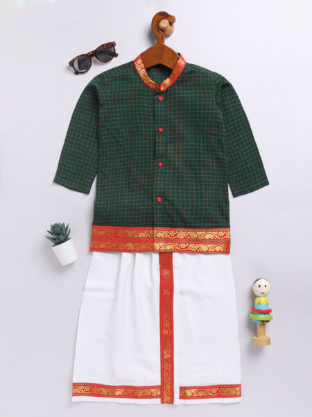 Infant Boys Green Cotton Kurta And Mundu Set For Infants.