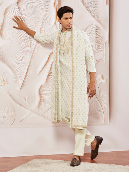 Men's Cream Silk Blend Kurta Pyjama with Dupatta Set