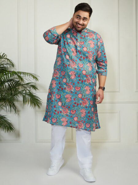 Men's Aqua And White Cotton Kurta Pyjama Set