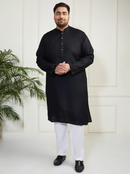 Men's Black Cotton Linen Kurta Pyjama Set
