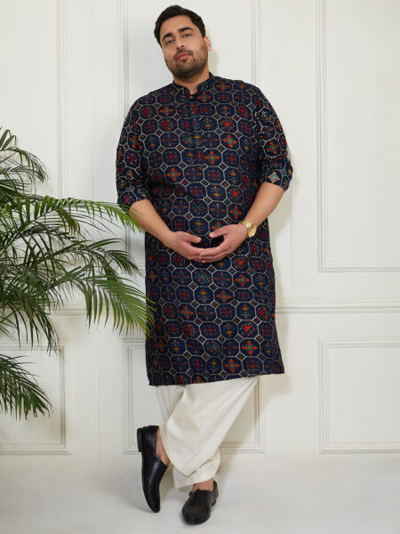 Men's Blue And Cream Cotton Blend Kurta and Patiala Set