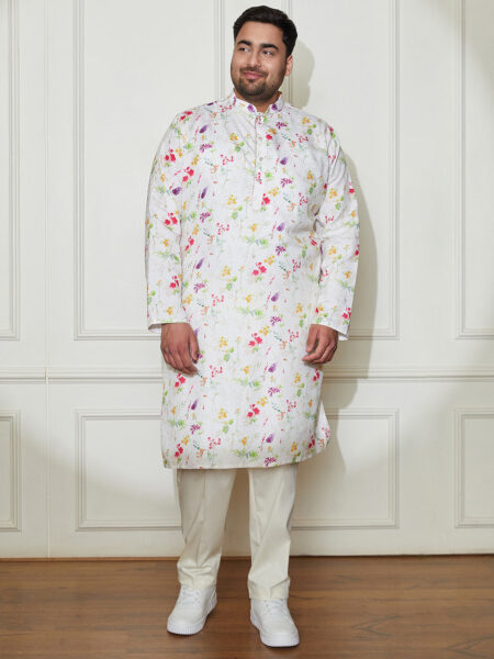 Men's Cream Cotton Blend Kurta And Pyjama Set