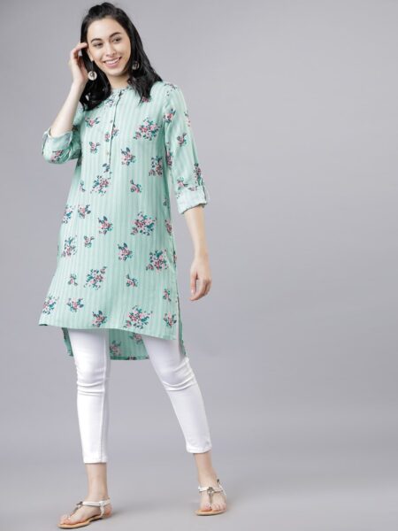 Vishudh Green & Pink Mandarin Collar Printed Tunic