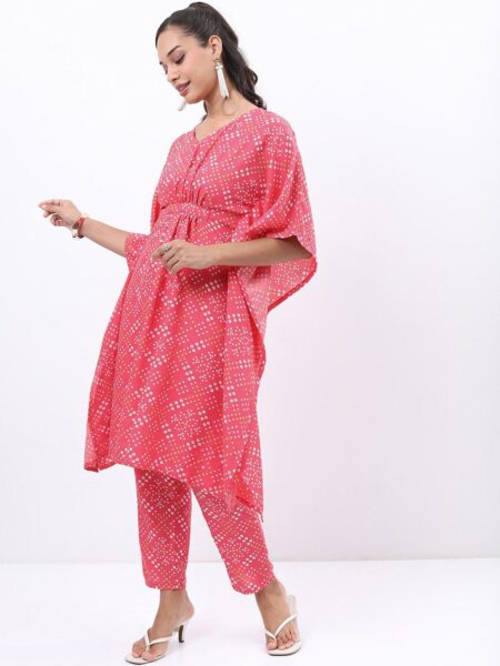 Vishudh Pink & White Ethnic Motifs Printed Kaftan Kurta With Trousers