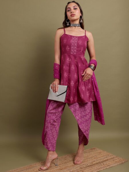Vishudh Purple Ethnic Motifs Printed Kurta With Dhoti Pants & Dupatta