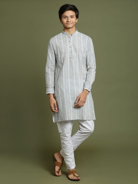 Boys' Grey Woven Kurta With White Pyjama Set
