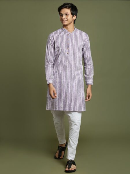 Boys' Purple Woven Kurta With White Pyjama Set