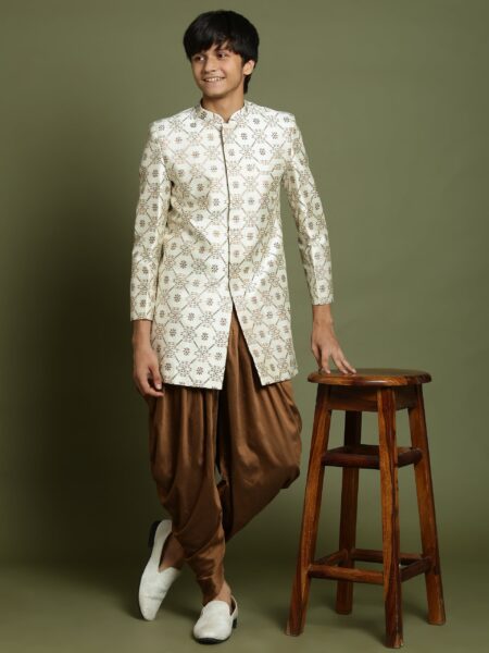 Boys Beige And Coffee jacquard Sherwani Set