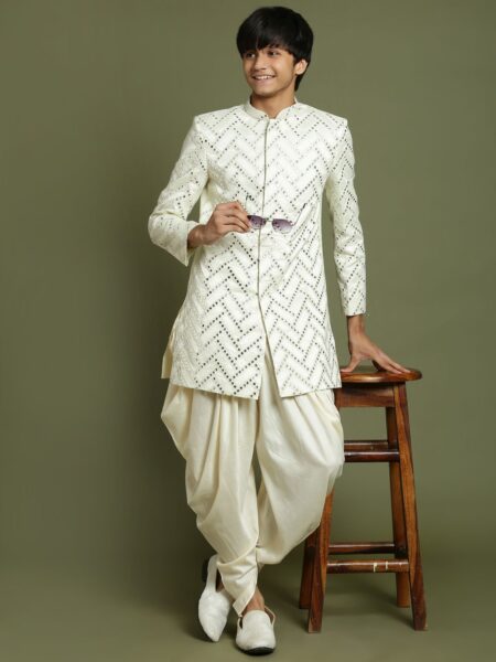 Boys Cream-Colored Mirror Work Embellished Slim Fit Sherwani Set