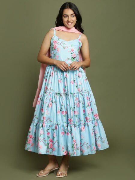 Girl's Aqua Floral Print Anarkali With Pink Dupatta