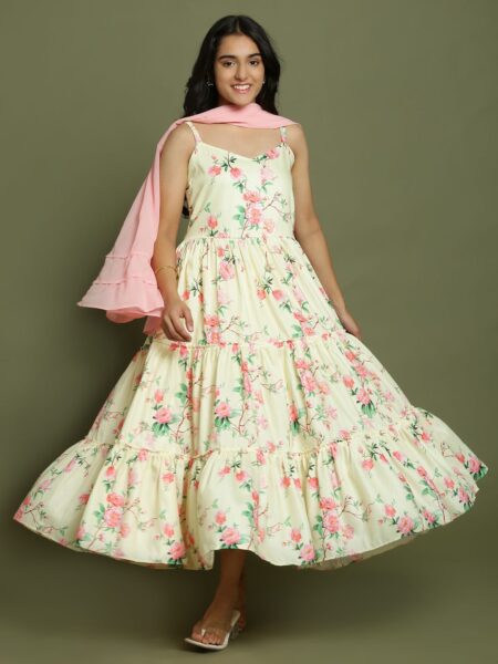 Girl's Light Yellow Floral Print Anarkali With Pink Dupatta