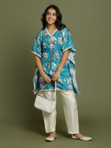 Girls Turquoise Blue Floral Printed Kaftan Kurta With Cream Pant Set