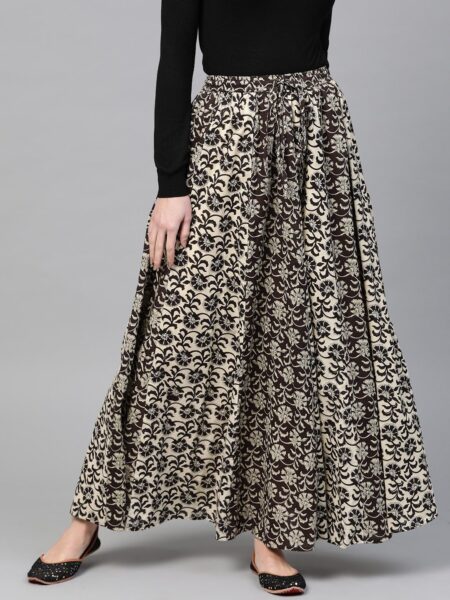 anayna Black & Beige Printed Flared Pure Cotton Maxi Skirt